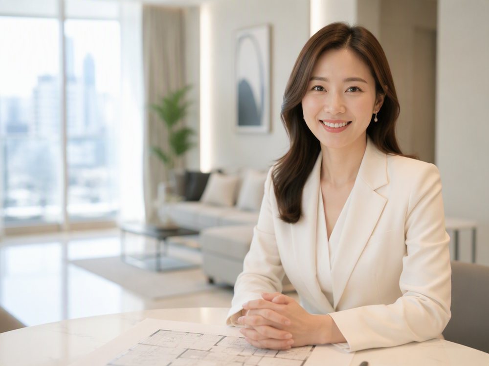 밝은 상담 공간에서 평면도를 살펴보는 모습
